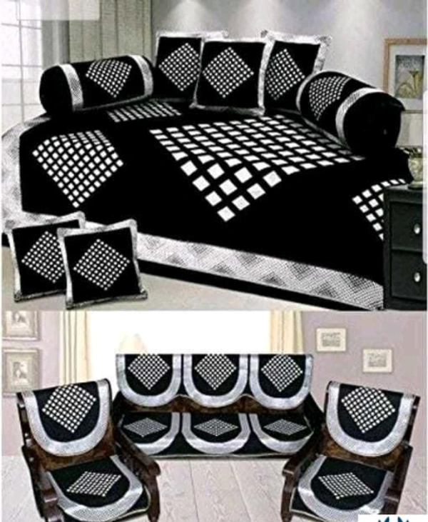Kanha Décor presents Chenille attractive designer Diwan set which contain 1 bedsheet , 2 bolster with 5 cushion cover & 10 pcs set sofa cover -  Free Size, Black, Chenile, Multipack:1